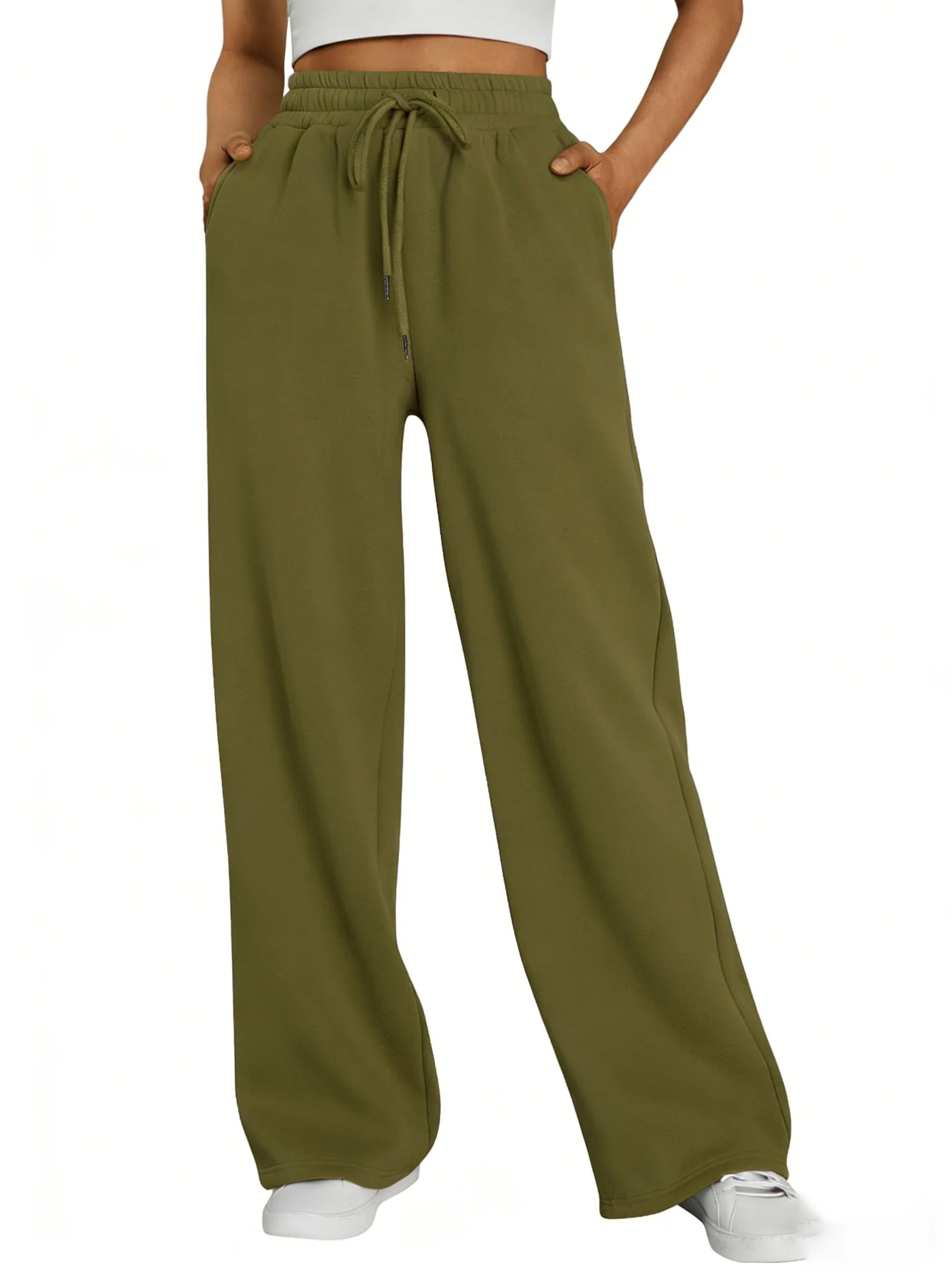 Women's Wide Leg Pants European and American Women Fleece Sweatpants, Waist Drawstring Straight Leg Loose Dance Casual Trousers