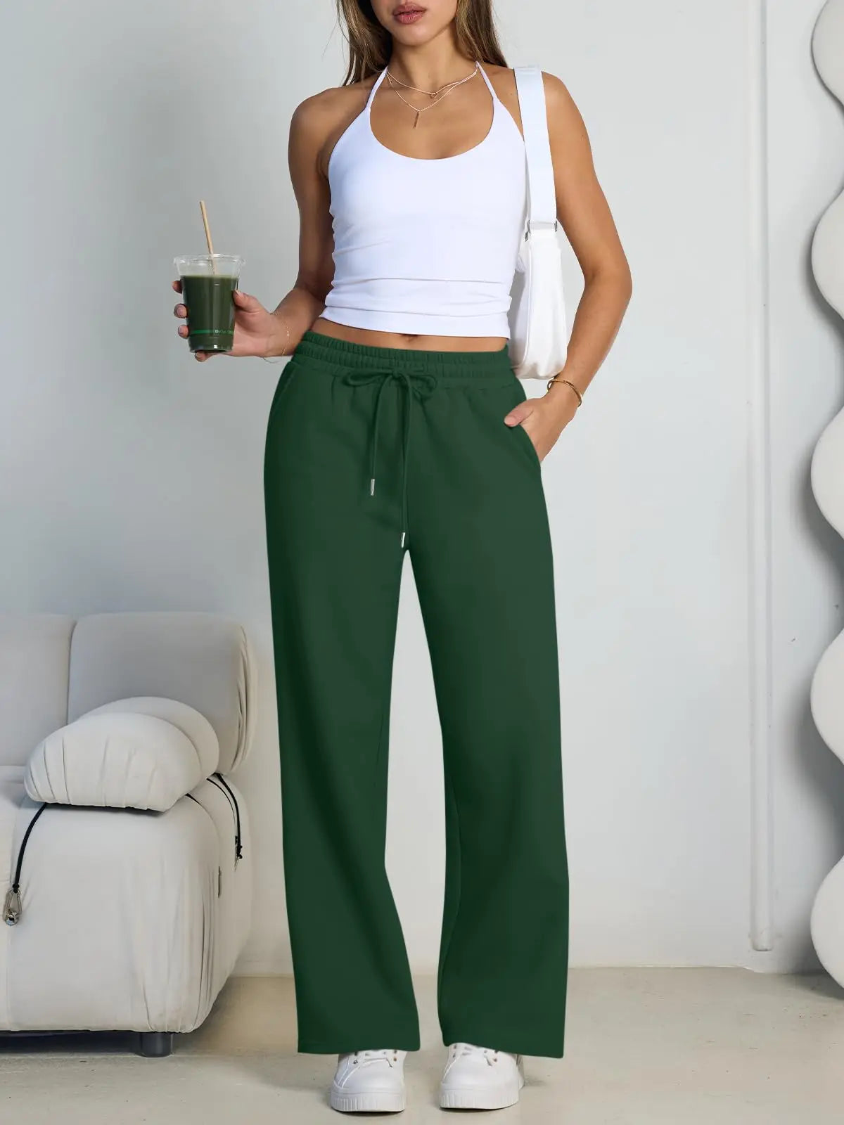 Women's Wide Leg Pants European and American Women Fleece Sweatpants, Waist Drawstring Straight Leg Loose Dance Casual Trousers
