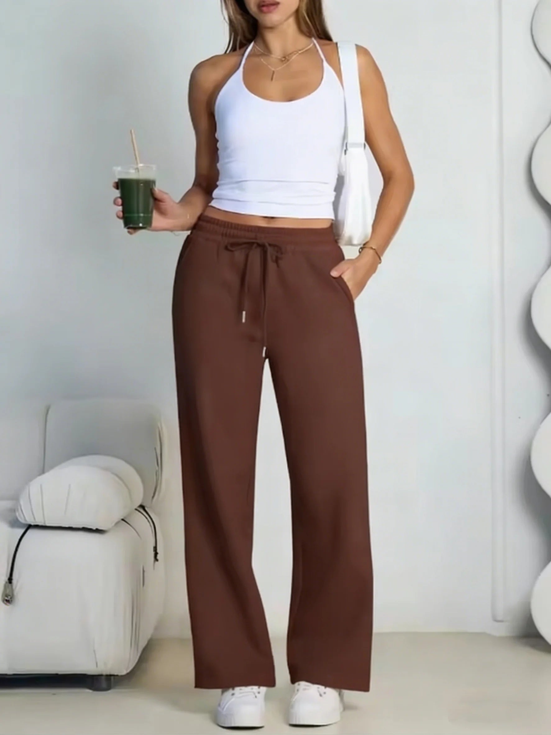 Women's Wide Leg Pants European and American Women Fleece Sweatpants, Waist Drawstring Straight Leg Loose Dance Casual Trousers