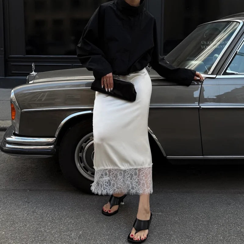 Women Silk Satin Half Slip Long Skirts Lace Patchwork Elastic Waist Long Skirt Elegant Silky Flowy A Line Midi Skirts