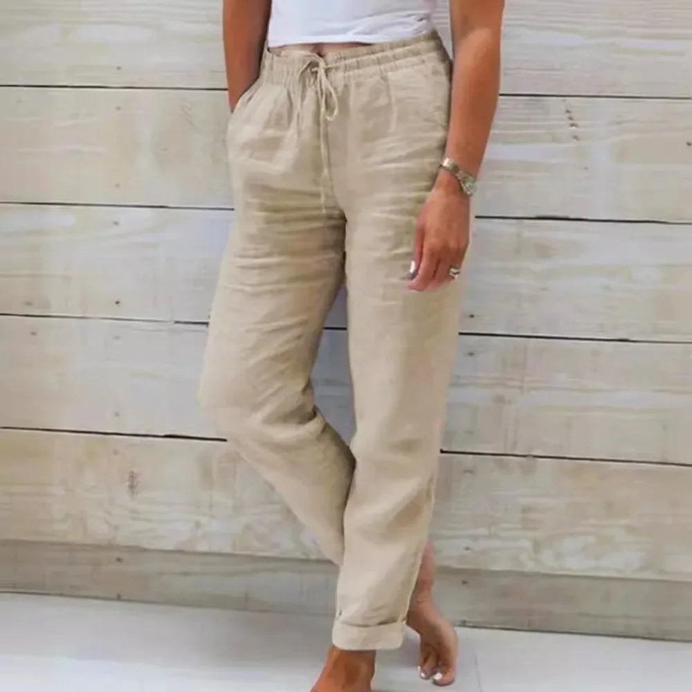 Women Summer Autumn Breathable Cotton Linen Trendy Pants Elastic Waist  Straight Leg Solid Color Female Casual Baggy Trousers