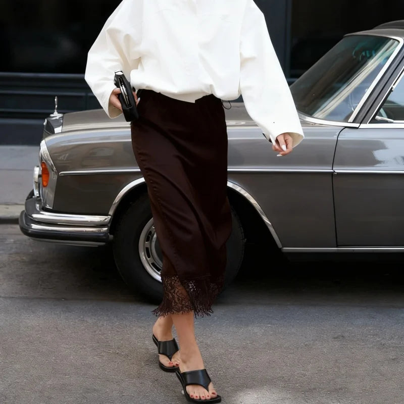 Women Silk Satin Half Slip Long Skirts Lace Patchwork Elastic Waist Long Skirt Elegant Silky Flowy A Line Midi Skirts