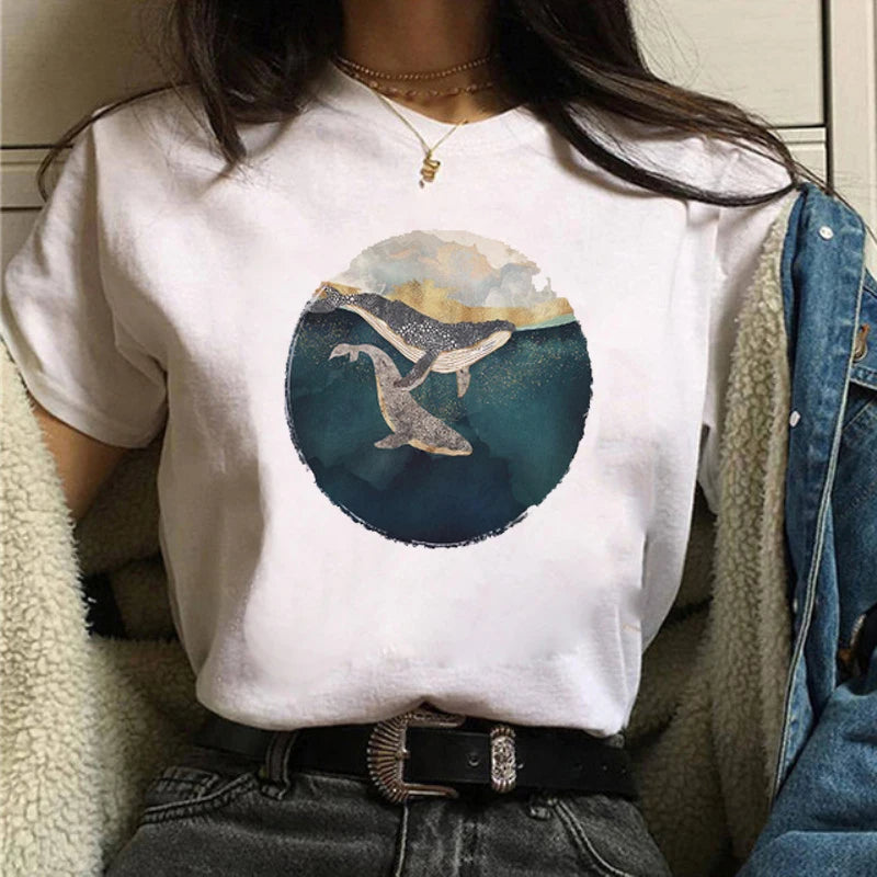 Maycaur Women Graphic Forest Mountain T Shirts Casual 90s Ulzzang Summer Printing Lady Clothes Tops Tees Print Female Tshirts
