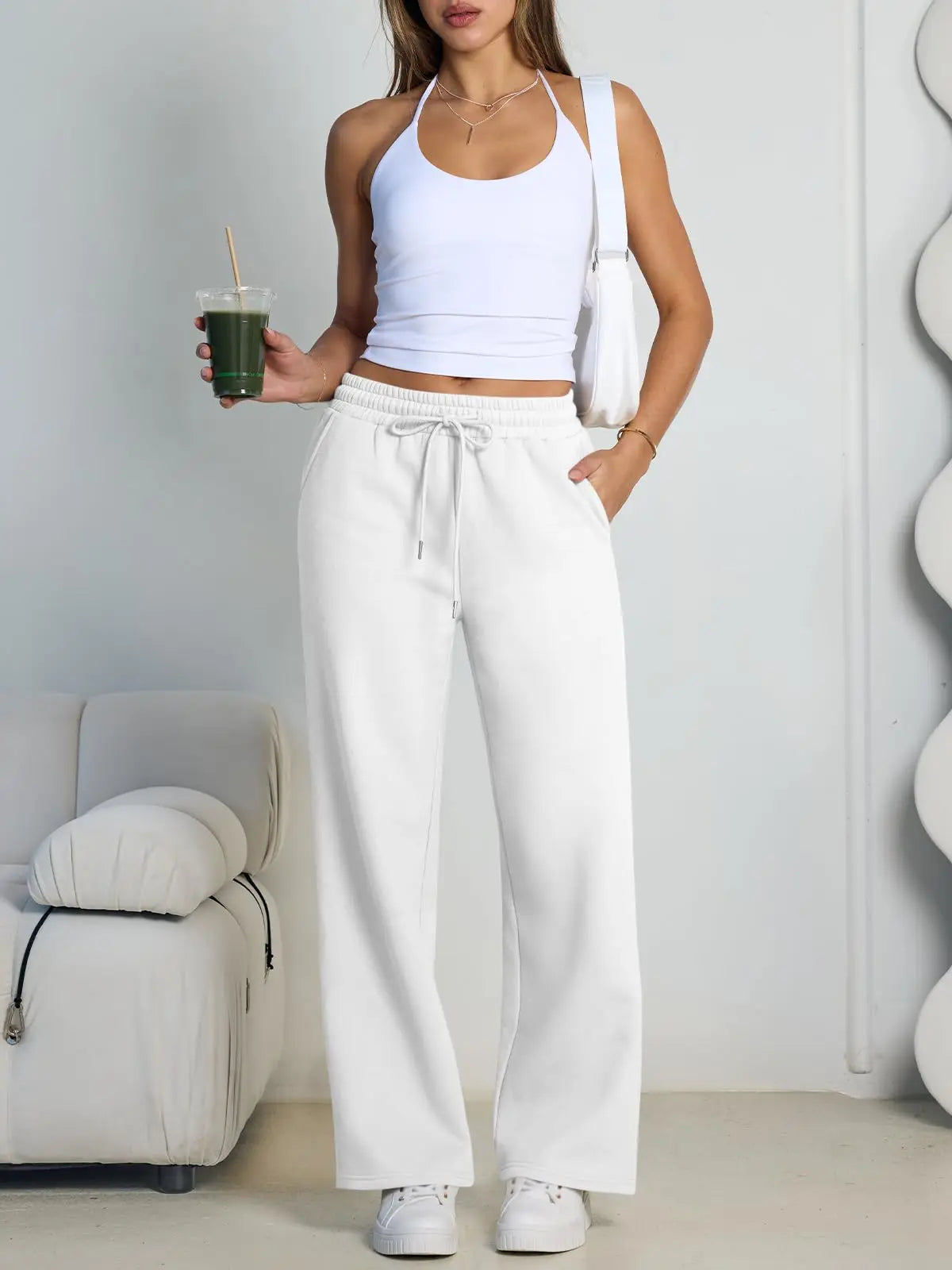 Women's Wide Leg Pants European and American Women Fleece Sweatpants, Waist Drawstring Straight Leg Loose Dance Casual Trousers