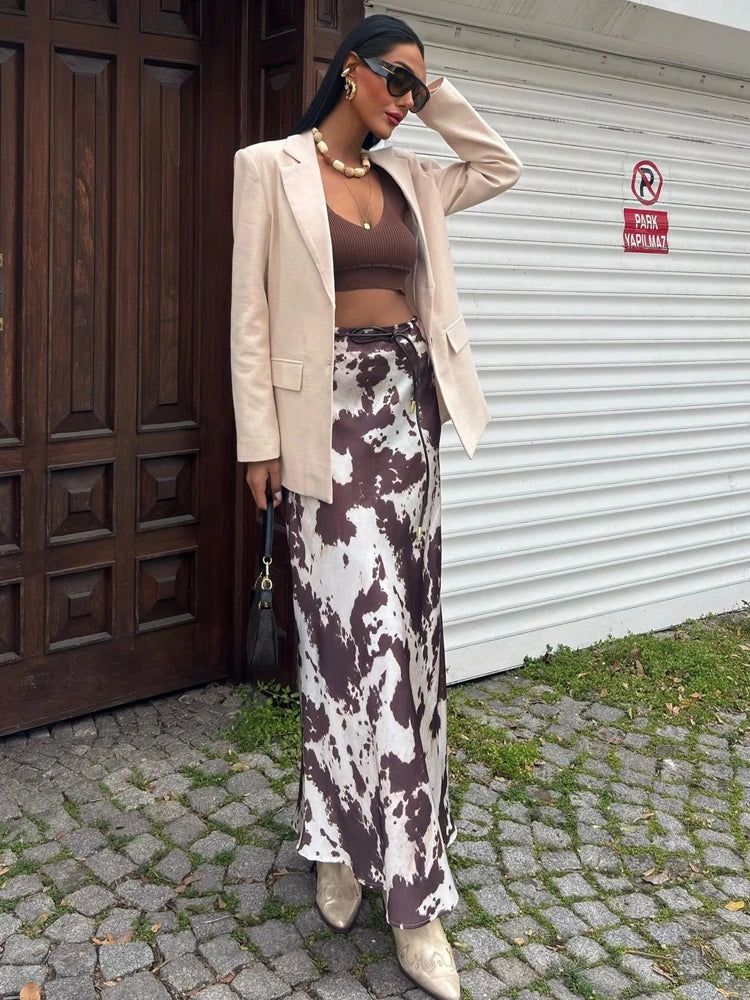 Animal Print Satin Skirt Women Fashion Ruffles Midi Skirts With Belt Casual Women's Skirt 2025 High Street Elegant Long Skirts
