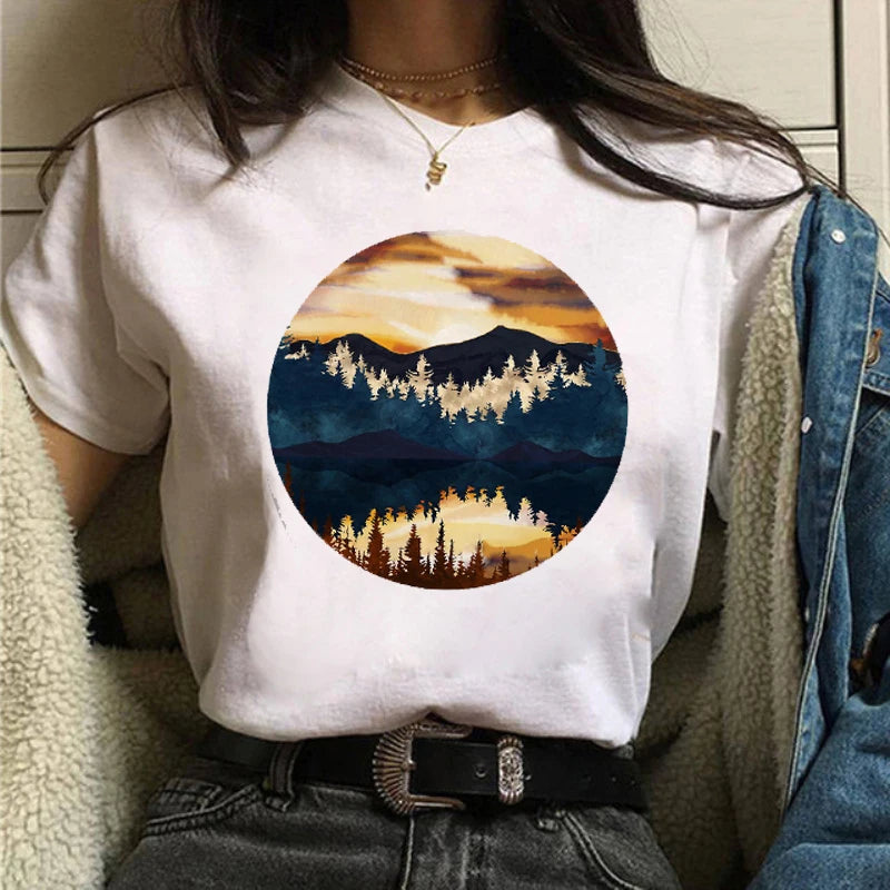 Maycaur Women Graphic Forest Mountain T Shirts Casual 90s Ulzzang Summer Printing Lady Clothes Tops Tees Print Female Tshirts