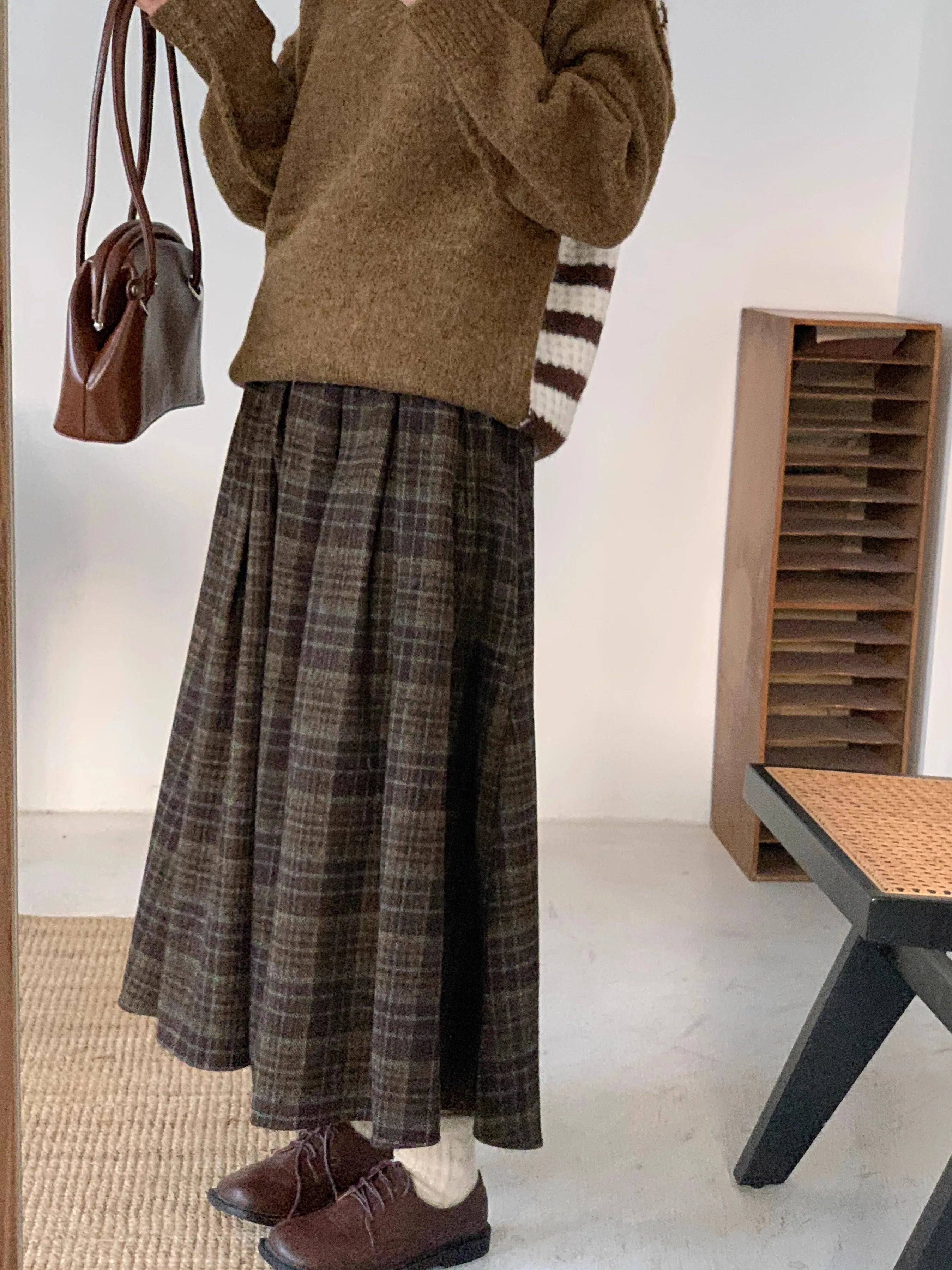 Vintage Women Long Plaid Thick Pleated Faux Woolen Skirts For Ladies Autumn Winter A-Line Loose Casual High Waist Midi Skirt SK4