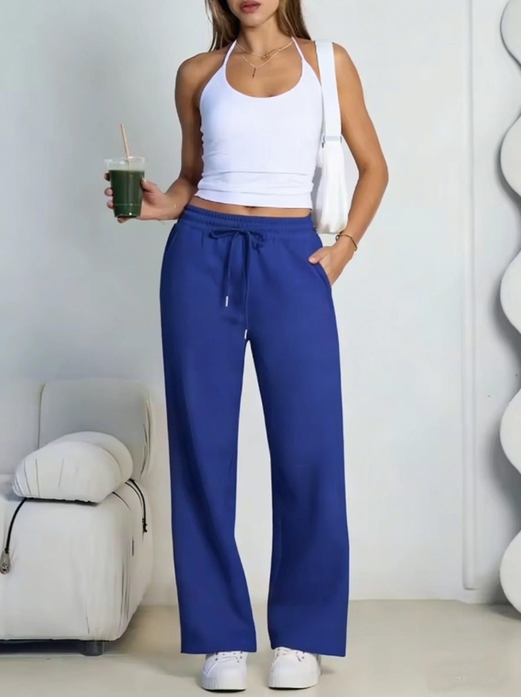 Women's Wide Leg Pants European and American Women Fleece Sweatpants, Waist Drawstring Straight Leg Loose Dance Casual Trousers