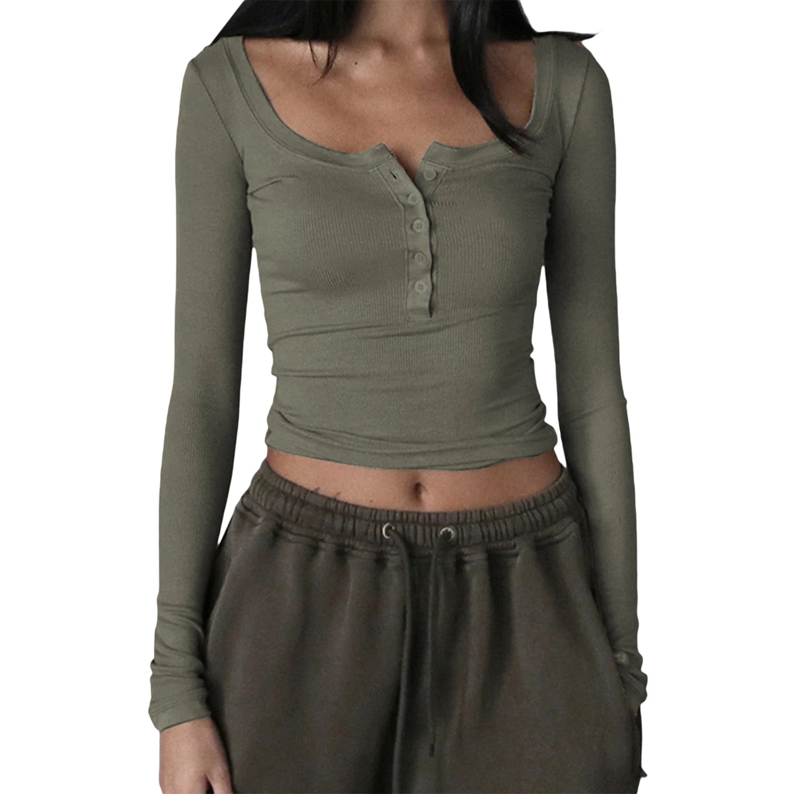 New Fashion Women Knitted Henley Shirt Casual Solid Color Retro 1/2 Button Long Sleeve Crop Tops Streetwear Clubwear