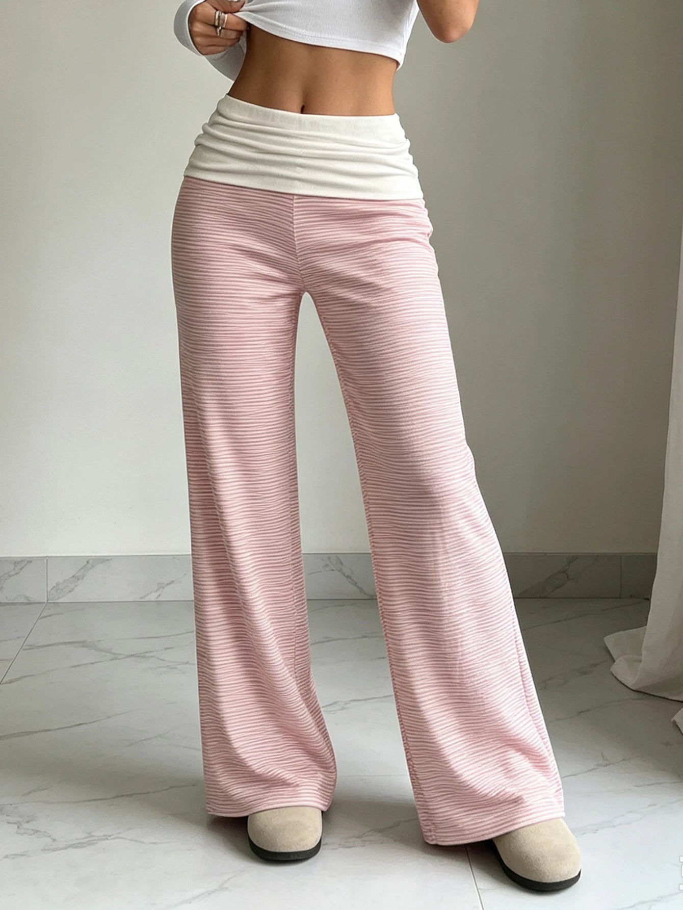 Women's Loose Color Block Long Pants Knit Striped Fabric Casual Daily Office Streetwear Spring Summer New Fashion Trousers
