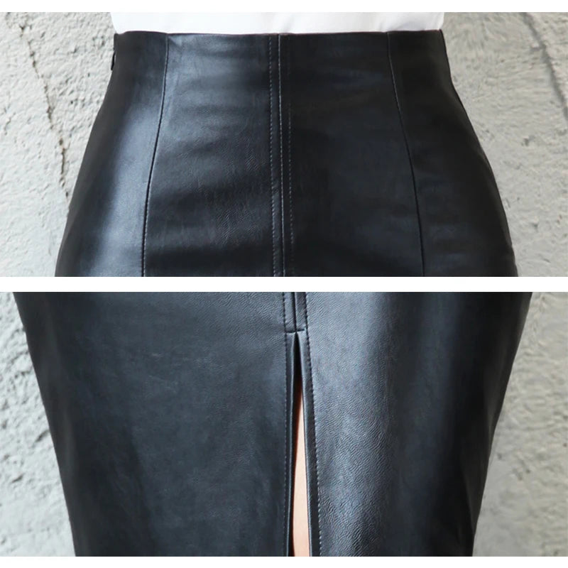 Black Leather Skirt Women Autumn Midi PU Pencil Skirt Office Sexy Package Hip Front Or Back Slit Skirts 5XL
