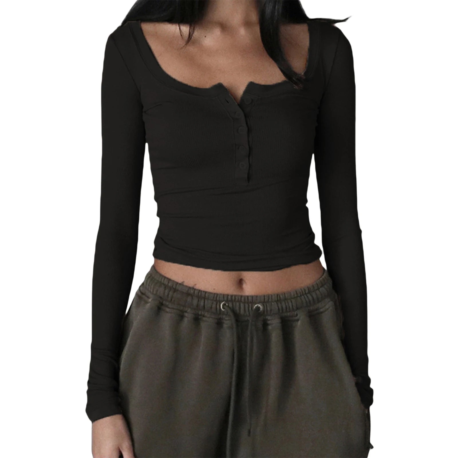 New Fashion Women Knitted Henley Shirt Casual Solid Color Retro 1/2 Button Long Sleeve Crop Tops Streetwear Clubwear