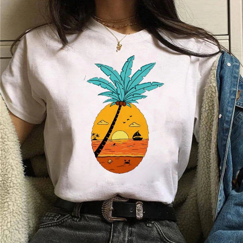 Maycaur Women Graphic Forest Mountain T Shirts Casual 90s Ulzzang Summer Printing Lady Clothes Tops Tees Print Female Tshirts