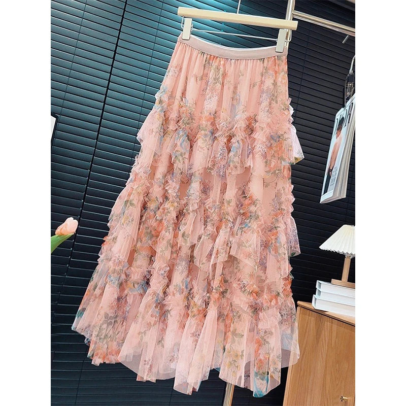MEXZT Vintage Tulle Midi Skirt Women Elegant Floral Ruffles Pleated Skirts Summer Ladies Korean Print Mesh Design Casual Faldas