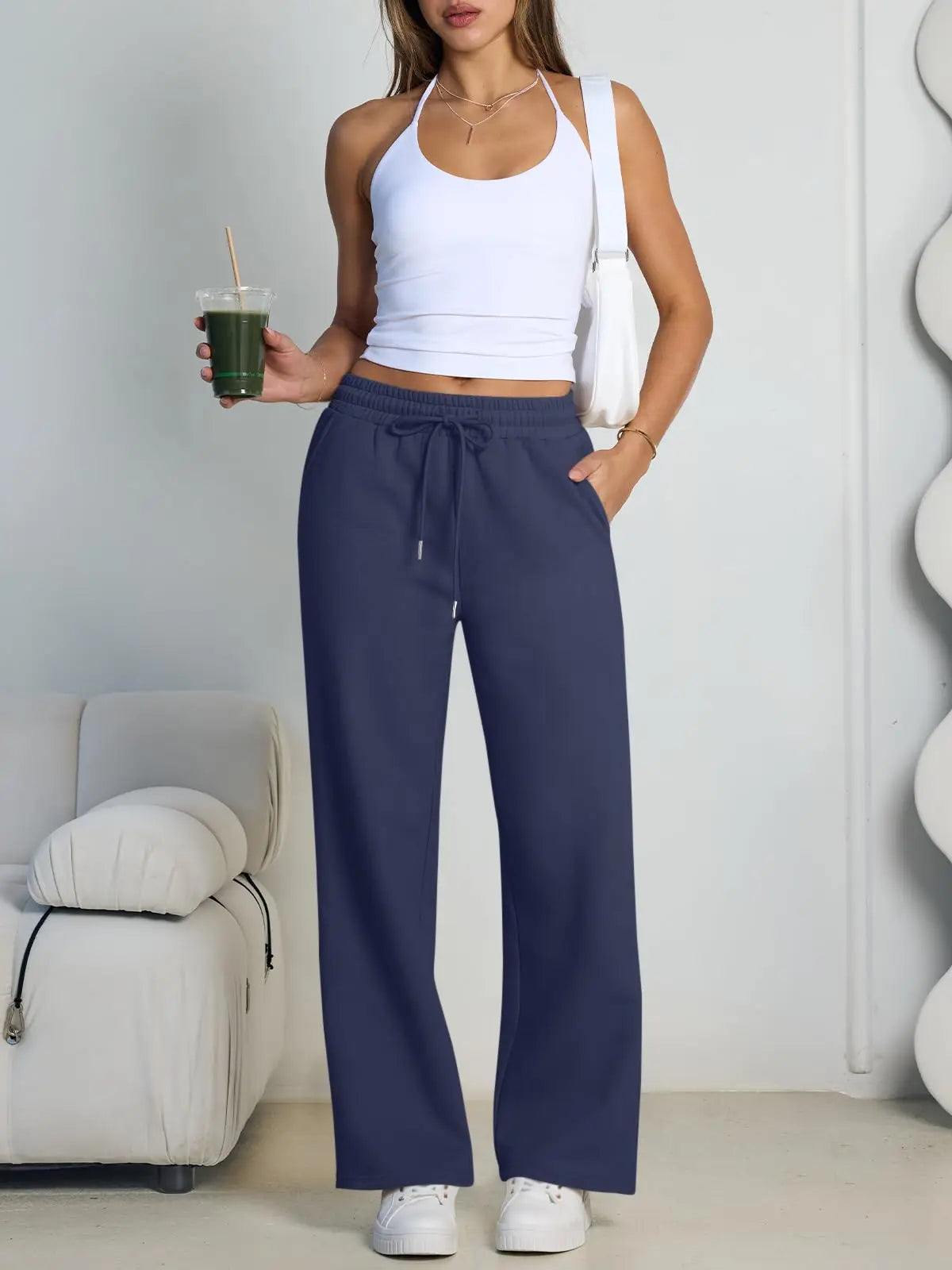 Women's Wide Leg Pants European and American Women Fleece Sweatpants, Waist Drawstring Straight Leg Loose Dance Casual Trousers