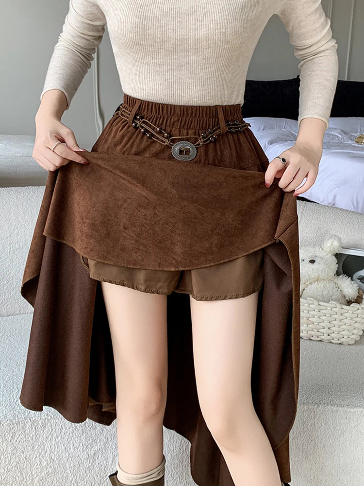 American Retro Asymmetry Suede Midi Skirt For Woman Bohemian Style Vintage Autumn Winter Retro A-Line Skirts Lady