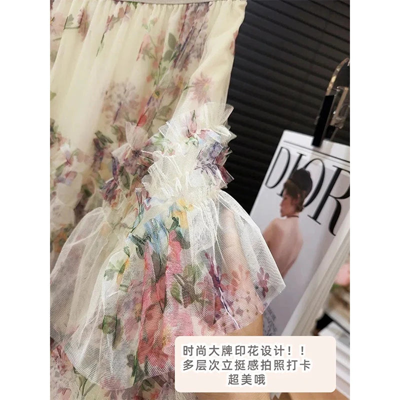 MEXZT Vintage Tulle Midi Skirt Women Elegant Floral Ruffles Pleated Skirts Summer Ladies Korean Print Mesh Design Casual Faldas
