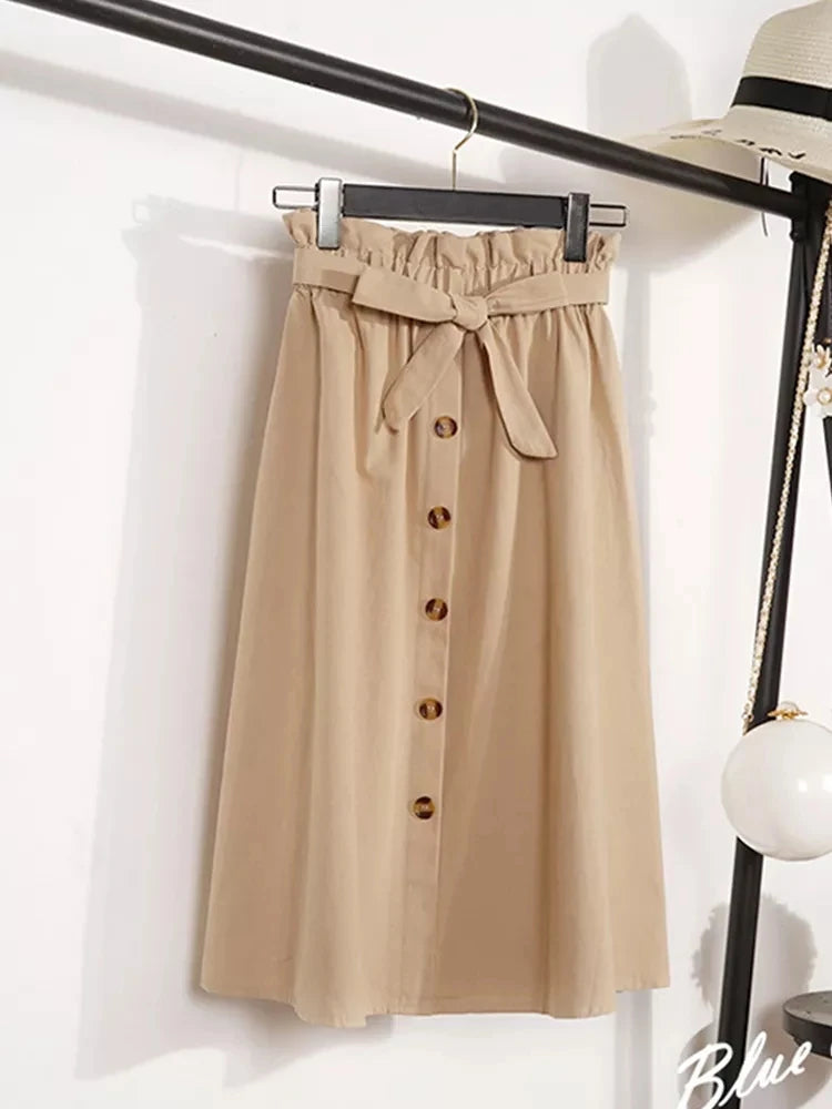 Summer Autumn Skirts Womens Midi Knee Length Korean Elegant Button High Waist Skirt Female Pleated School Skirt