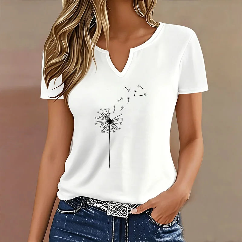 Fashion Graphic Cartoon Dandelion T-shirt V Neck Casual T Shirts Women Short Sleeve Tee Shirt V-Neck Summer Spring