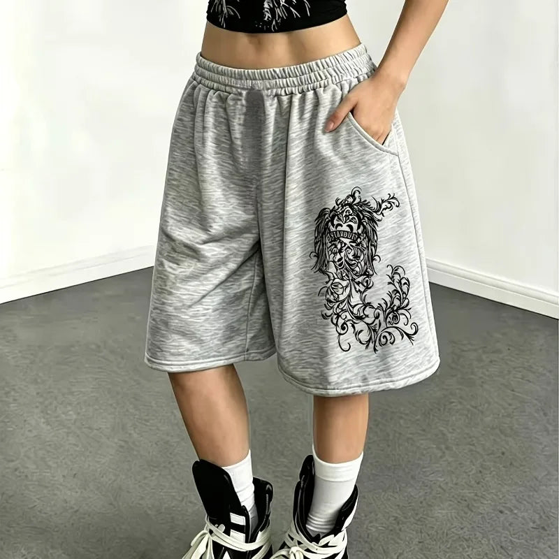 Trendy Light Gray Dark Print Medium Long Punk Style Casual Shor...