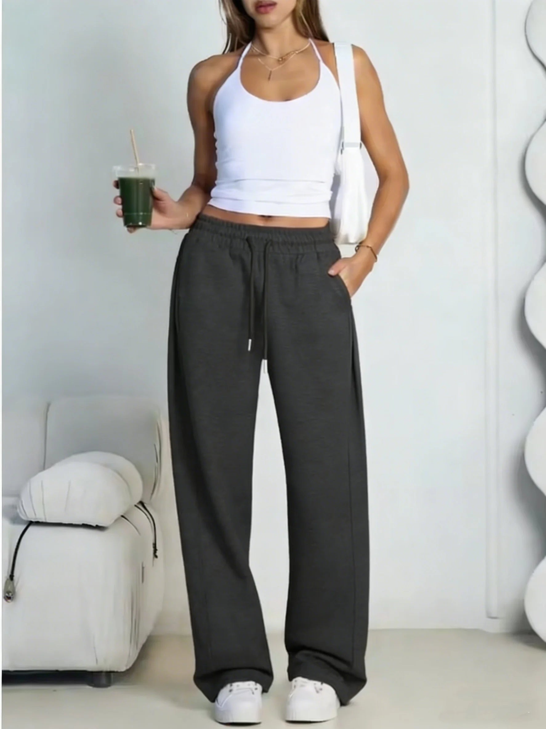Women's Wide Leg Pants European and American Women Fleece Sweatpants, Waist Drawstring Straight Leg Loose Dance Casual Trousers