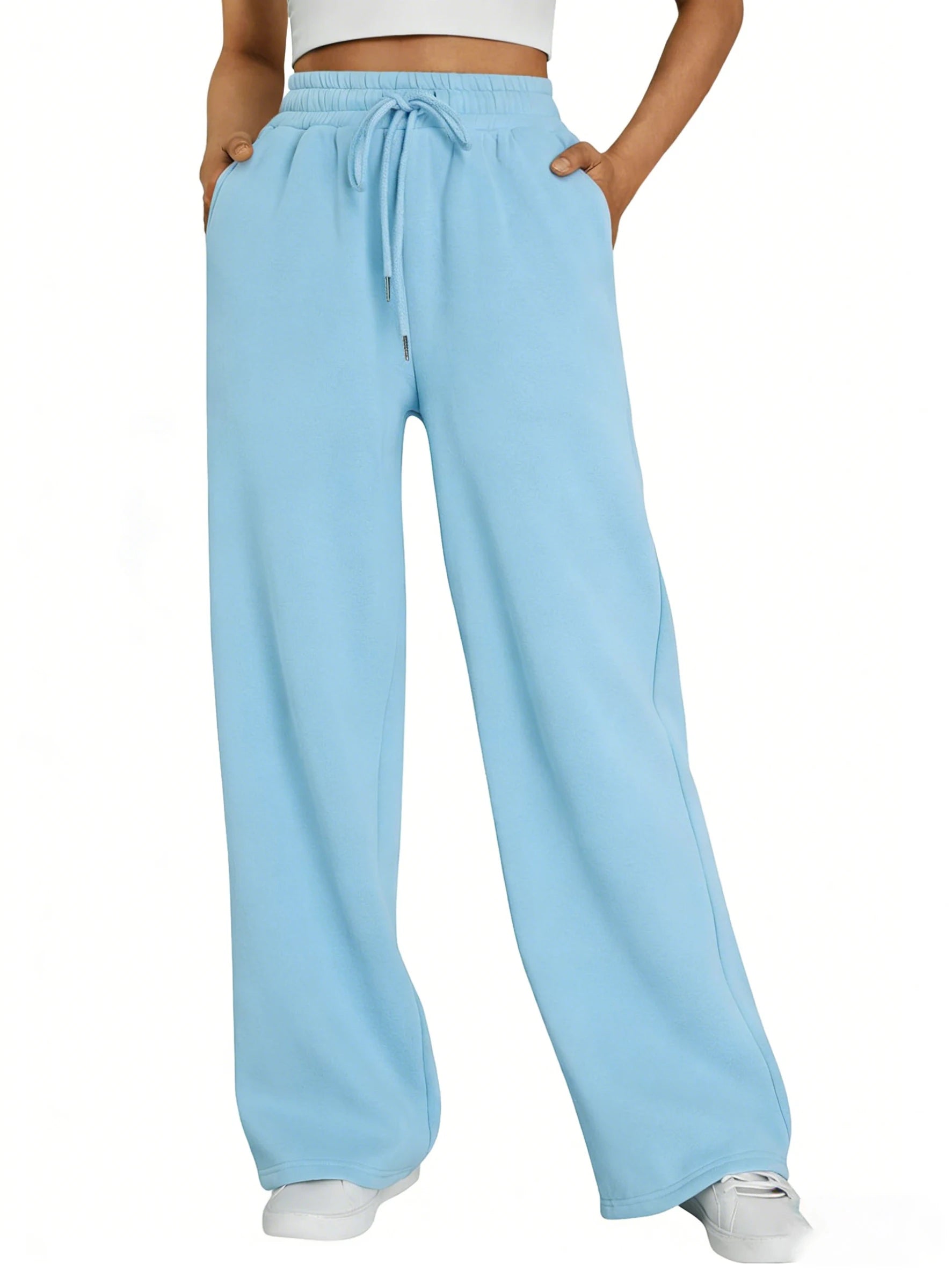 Women's Wide Leg Pants European and American Women Fleece Sweatpants, Waist Drawstring Straight Leg Loose Dance Casual Trousers