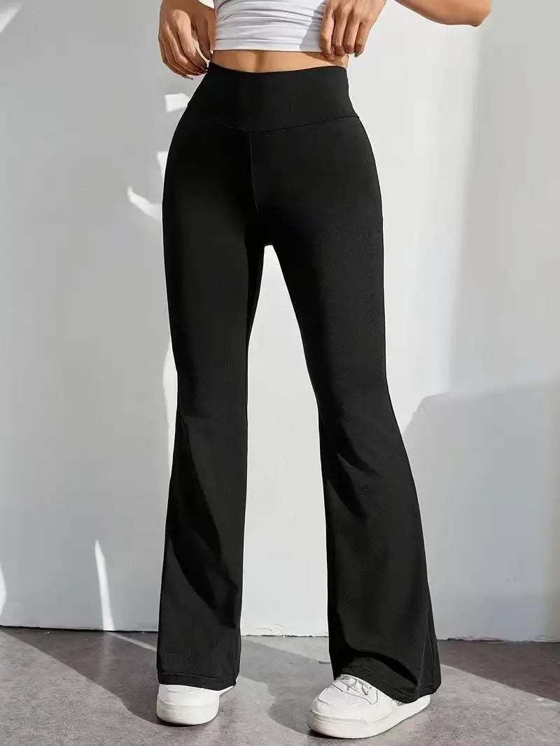 Women's High Waist Black Flare Pants, High‑Stretch Tummy‑Control Wide Waistband Flared Trousers, Slim Figure‑Flattering Height‑E