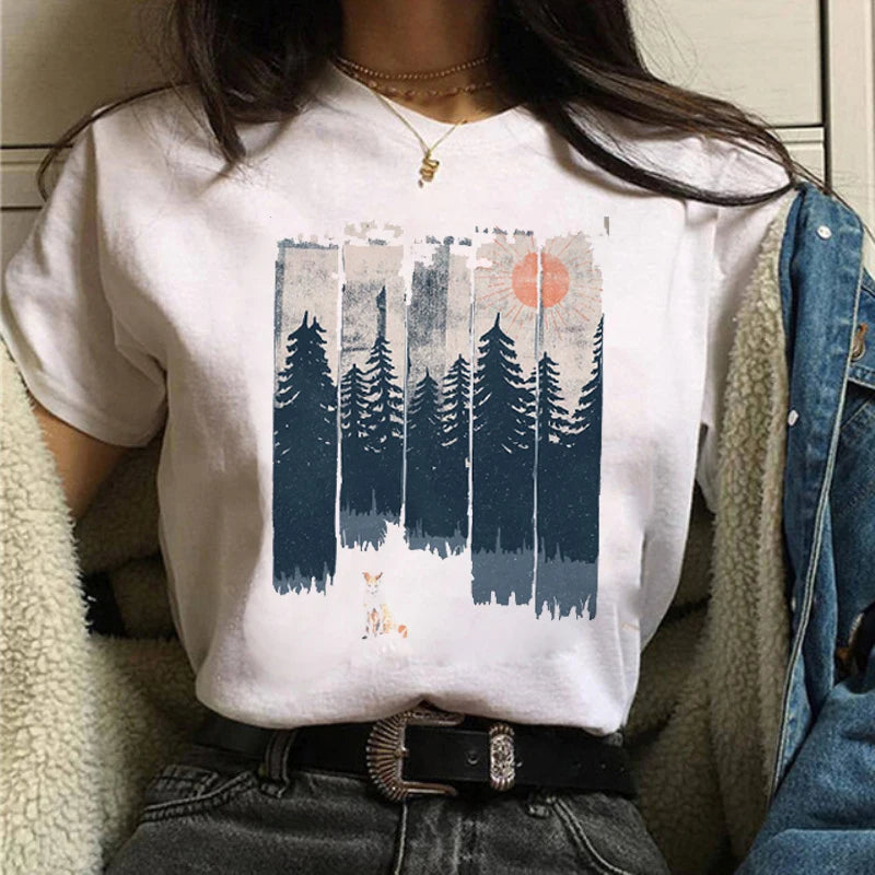 Maycaur Women Graphic Forest Mountain T Shirts Casual 90s Ulzza...