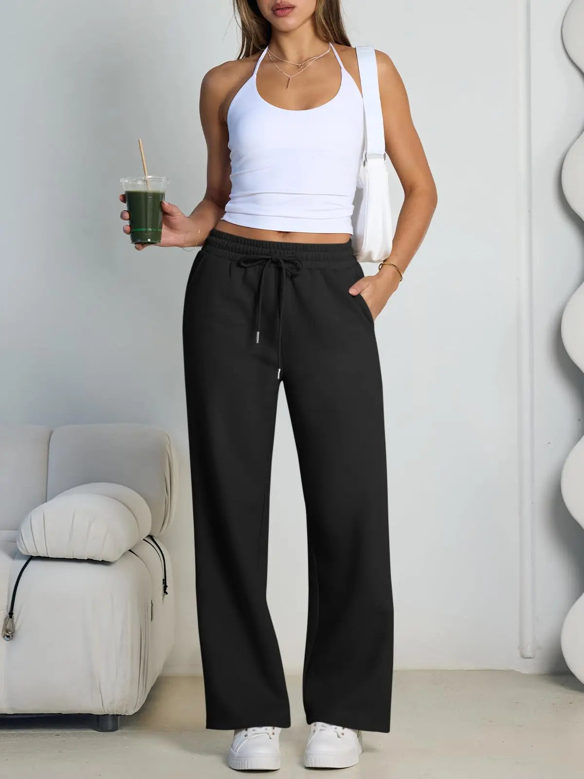 Women's Wide Leg Pants European and American Women Fleece Sweatpants, Waist Drawstring Straight Leg Loose Dance Casual Trousers