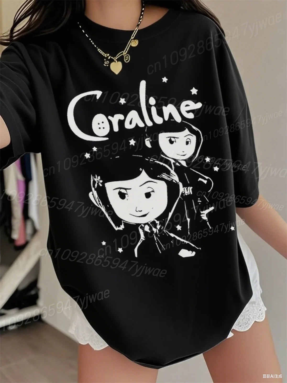 Womens' High-Quality Cotton T-Shirt Coraline 3d Graphic Short Sleeved O-Neck Loose&Breathable Comfortable Streetwear Casual Top