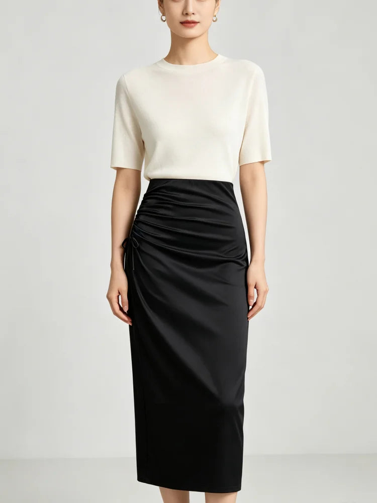 Women Midi Skirt Black Satin High Waist Ruched Drawstring Slim Pencil Skirt Elegant Office Party Casual Skirts