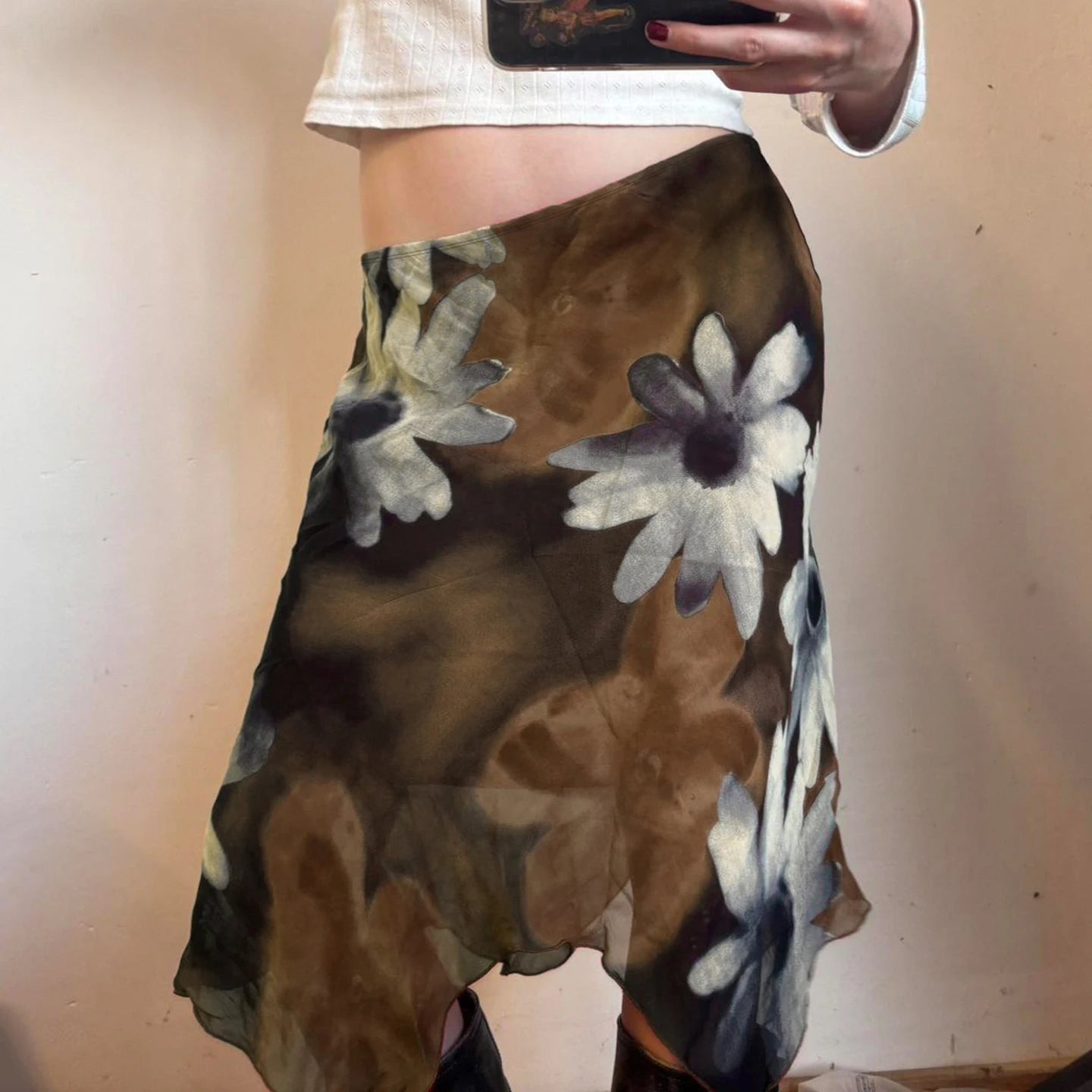 SUCHCUTE Y2K Floral Print Mesh Asymmetrical Skirt Woman Low Ris...