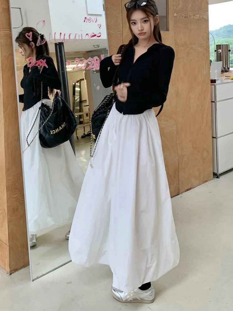 2026 Autumn New High Waist A-line Women Bud Skirt Flared Sporty Style Casual Solid Color Daily Wear Midi Skirts