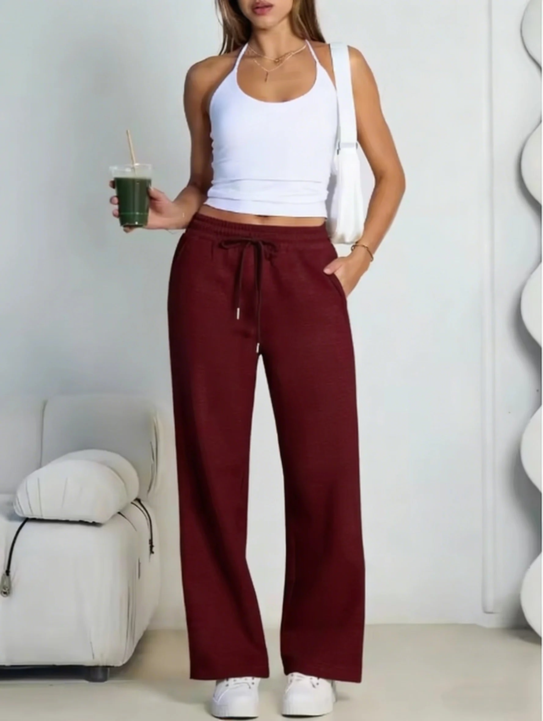 Women's Wide Leg Pants European and American Women Fleece Sweatpants, Waist Drawstring Straight Leg Loose Dance Casual Trousers
