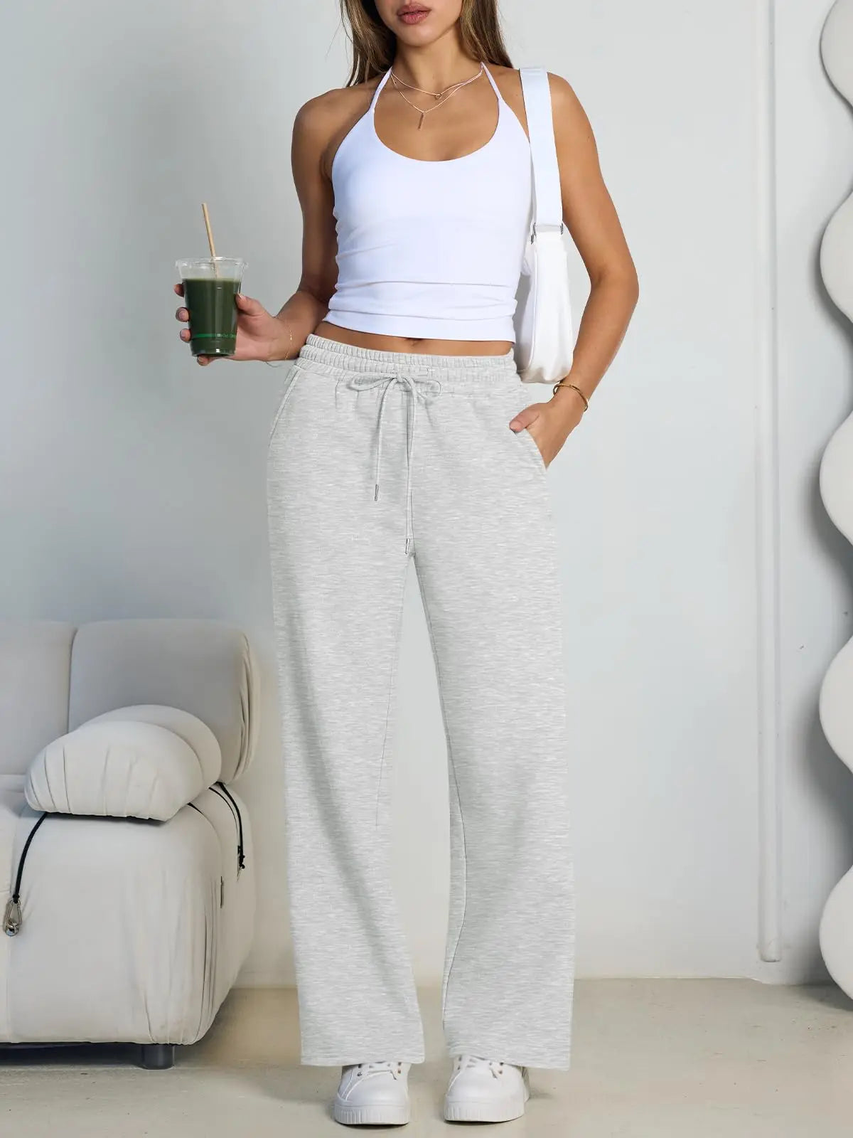 Women's Wide Leg Pants European and American Women Fleece Sweatpants, Waist Drawstring Straight Leg Loose Dance Casual Trousers