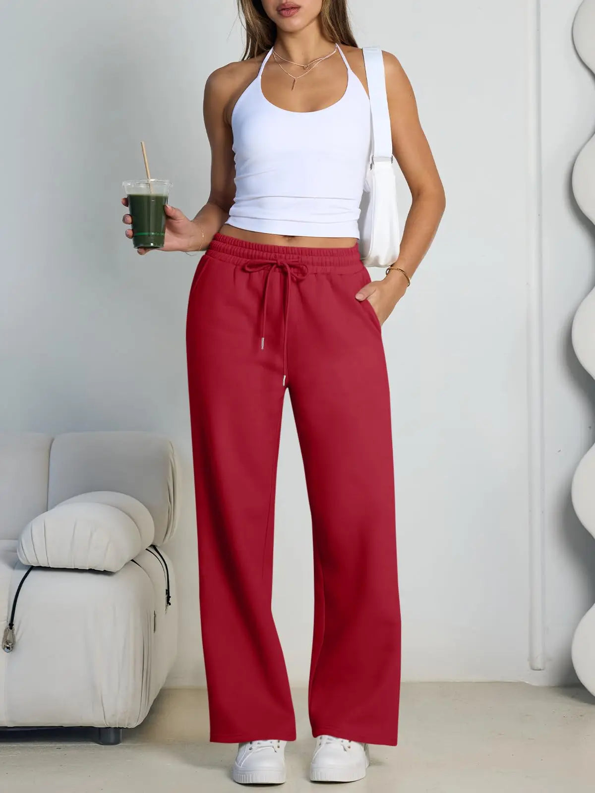 Women's Wide Leg Pants European and American Women Fleece Sweatpants, Waist Drawstring Straight Leg Loose Dance Casual Trousers